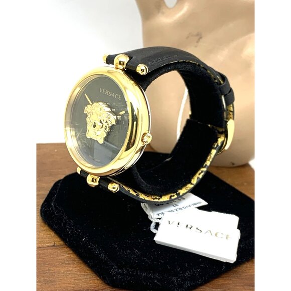 Versace Womens Watch VECO01420 Palazzo Swiss Quartz Gold Black Dial Leather Band - Picture 2 of 14